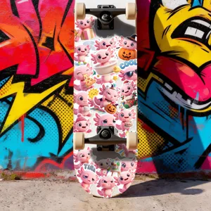 Skateboard with cute pink axolotl cartoon stickers, vibrant graffiti wall background, fun.