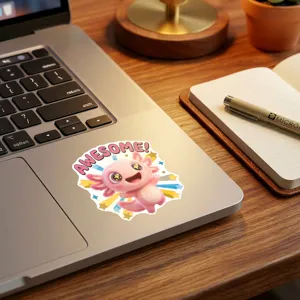 Close-up detail of a cute pink axolotl cartoon sticker with awesome text on a laptop.