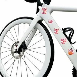 Cute pink axolotl stickers detail shot, waterproof cartoon animal decals for bike and decor.