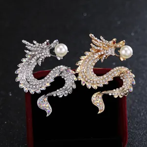 Exquisite dragon rhinestone pearl brooch detail, elegant suit jacket accessory for men and women.