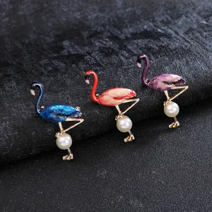 Colorful flamingo brooch pin set with pearls, elegant alloy sweater coat jewelry accessory.