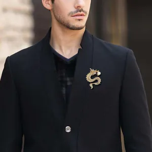 Exquisite dragon brooch for men, elegant pearl and rhinestone suit jacket pin accessory.