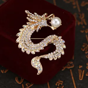 Gold dragon brooch sparkling rhinestones white pearl detail view luxury jewelry accessory for men