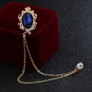 Vintage goldfarbene Brosche mit blauem Kristall und Quette Kette für Herren Anzug