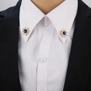 Gold steering wheel shirt collar pins with blue crystal rhinestones for men and women fashion.
