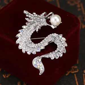 Silver dragon brooch with sparkling rhinestones and white pearl, elegant suit lapel pin.