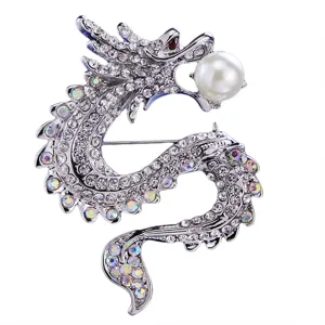 Silver tone dragon brooch sparkling rhinestones white pearl pin stylish suit jacket accessory