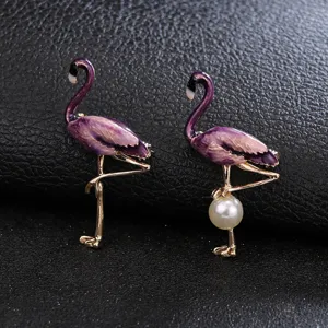 Purple flamingo brooch pin set, elegant alloy animal jewelry for sweater coat accessories.