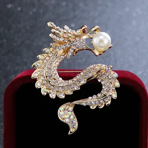 Exquisite rhinestone dragon brooch with pearl for men suit coat luxury fashion accessory shiny pin