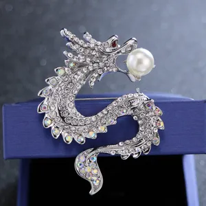 Exquisite rhinestone dragon brooch with a pearl, detailed metal craft for men's suit coat.