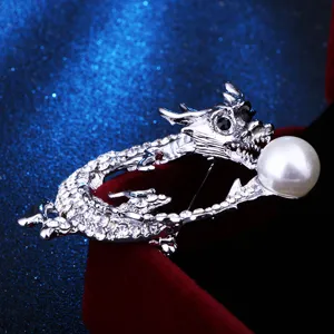 Elegante spilla drago cinese strass argento perla risvolto moda gioielli uomo accessorio