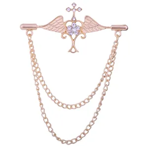Broche vintage aile d'ange croix chaîne métal épinglette costume col accessoires mode