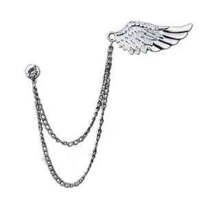 Broche vintage de ala de ángel con estrás y cadena para accesorios de moda de hombres.