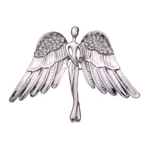 Broche de alas de ángel plateadas con brillantes pedrería para traje suéter moda.