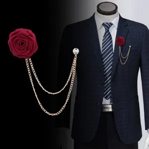 Handgefertigte Stoff Rose Brosche Mit Quaselkette Strass Anstecknadel Für Herren Hochzeit Anzug Deko Zubehör