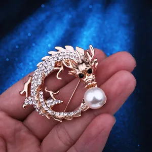 Elegante spilla a forma di drago con strass e perla per uomo e donna gioielli di moda.