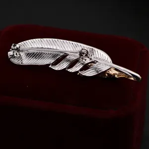 Silver feather brooch for women stylish suit pin elegant coat accessory fashion jewelry