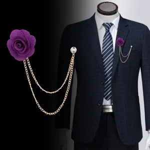 Elegante Handgefertigte Stoff Blumen Brosche Pin Mit Quastenkette Strass Akzent Galvanisierte Legierung Blume Revers Nadel Für Anzug Kleid Hochzeit Bankett Zubehör