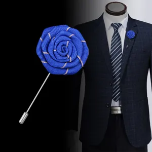 Broche Fleur de Rose Fait Main en Tissu Alliage Classique Cadeau Électroplaqué Épingle de Revers à Aiguille Longue Pour Costume Chemise Bijoux Unisexe