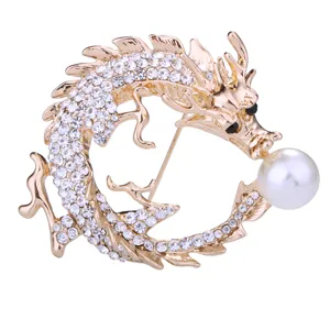 Spilla drago in strass alla moda con perla, spillina animale dorata di lusso per uomo donna