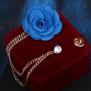 Koreanische blaue Stoff Kamelie Brosche mit Quasten Kette und Strass für Damen Mantel Kleid.