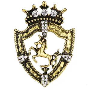 Spilla vintage scudo corona unicorno in oro con strass scintillanti per abito da uomo.