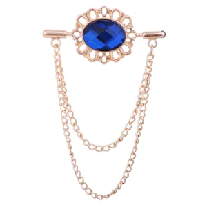 Vintage blaue Kristall Brosche mit doppelten Metallketten für Hemdkragen Reversnadel Schmuck.