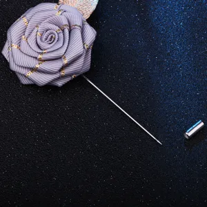 Handmade mini ribbon rose brooch lapel pin with gold leaf detail for women and men clothing.