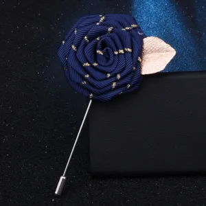 Handmade blue ribbon rose lapel pin with gold leaf vintage brooch accessory for men women