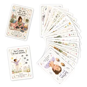 Vista detallada de tarjetas de alivio de ansiedad con ilustraciones y citas positivas.