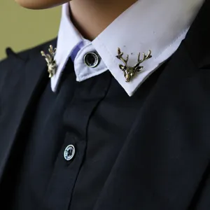 Vintage bronze deer head collar pin brooch for men, elegant shirt lapel accessories.