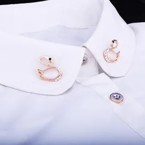 Fashion crystal opal swan collar pins brooch for women, elegant gold plated shirt accessories.