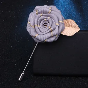 Handmade Ribbon Rose Lapel Pin Boutonniere with Gold Leaf Brooch for Men and Women