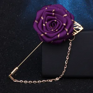 Lila Stoff Schleife Rose Reversnadel mit Goldkette lange Nadel Brosche für Anzug Zubehör