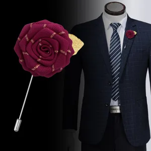 Handmade Ribbon Rose Flower Brooch With Gold Leaf Long Pin Vintage Elegant Men Women Suit Lapel Pin Accessory Jewelry
