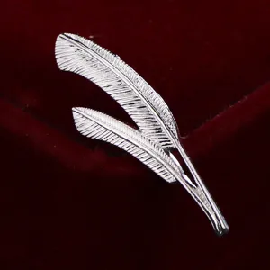 Silver alloy double feather brooch vintage leaf suit pin elegant clothing accessory
