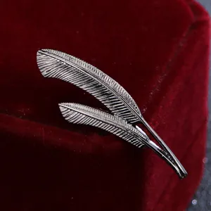 Vintage silver feather brooch pin alloy double leaf suit accessory for men and women
