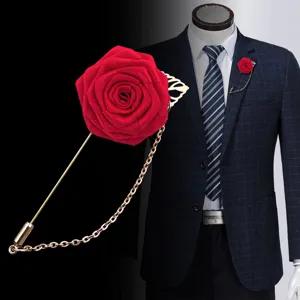 Broche Fleur de Rose en Tissu Faite à la Main Pour Costume d'Homme Mariage Fête Accessoire Avec Longue Aiguille Et Chaîne