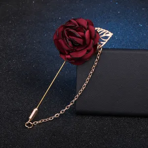Fabric flower brooch with tassel chain vintage camellia lapel pin for women fashion accessory
