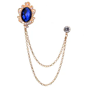 Herren Vintage blaue Strass Brosche mit doppelten Quastenketten für Anzug Revers.