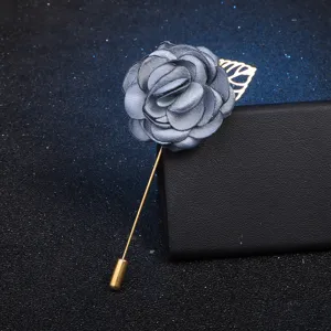 Elegant fabric flower brooch with leaf, stylish gray camellia lapel pin for women.