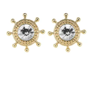Gold ship wheel collar pin brooch with clear rhinestone for men and women shirt lapel decor.