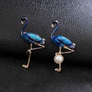 Stunning blue enamel flamingo brooch alloy pearl pin fashion coat sweater jewelry main