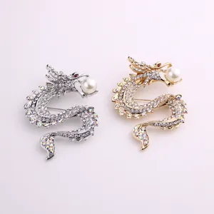 Men Zodiac Dragon Rhinestone Pearl Brooch Suit Pin Fashion Crystal Jewelry Accessory
