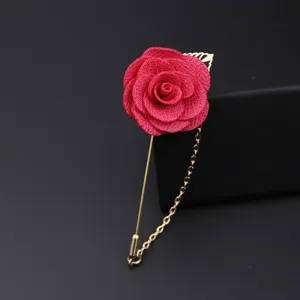 Rote Stoff Rosen Anstecknadel mit langer Nadel und Kette für Hochzeitsanzug Accessoire