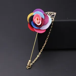 Mehrfarbige Stoff-Rosen-Anstecknadel mit Quastenkette, elegantes Hochzeits-Accessoire für Herren.