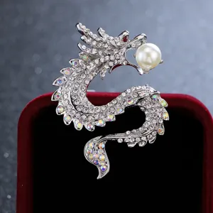 Exquisite rhinestone dragon brooch with pearl for men, elegant suit coat lapel pin.