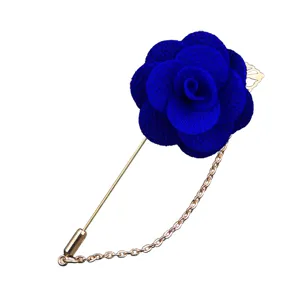 Blau Stoff Rose Anstecknadel mit langem Stab und Metallkette fur Herren Anzug Hochzeit