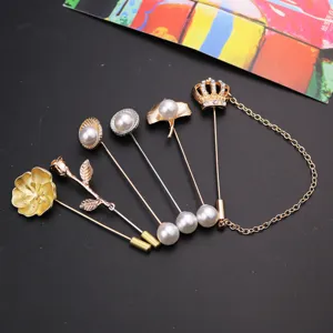 Vintage Men Long Pin Brooch Alloy Artificial Pearl Rhinestone Rose Crown Deer Leaf Lapel Pin For Suits Fashion Jewelry