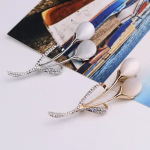 Elegante spilla a tulipano in pietra occhio di gatto strass brillanti gioielli floreali donna.